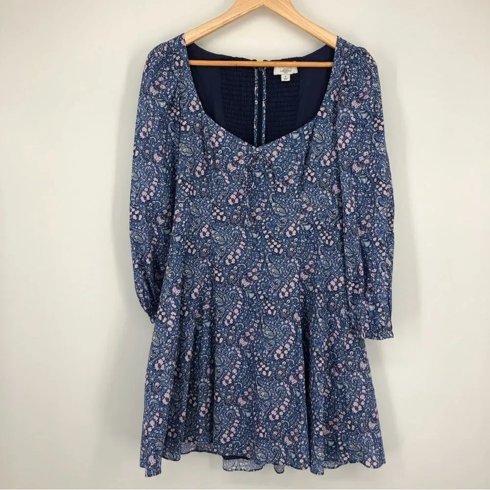 J. Crew Liberty Fabric Sweetheart Long Sleeve Mini Dress Blue Size‎ 4